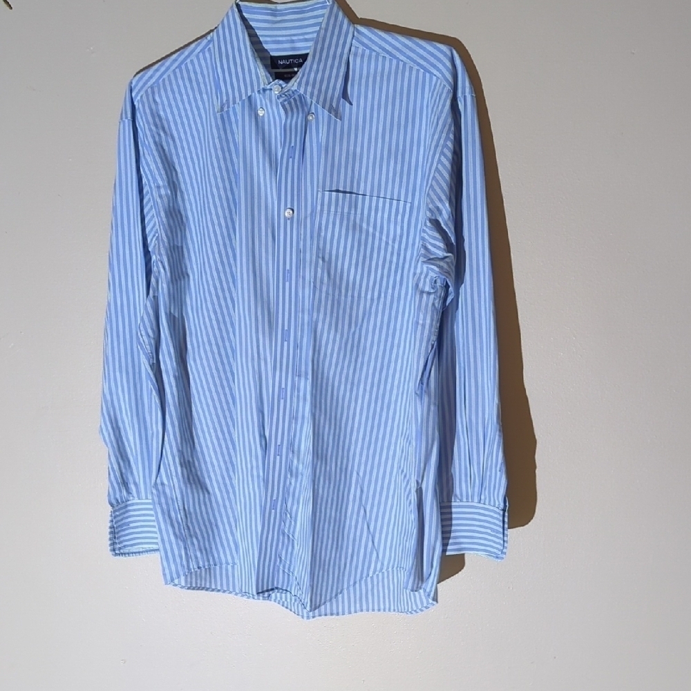 Nautica Light Blue Striped Button Down Dress Shirt 17, 34-35 - Picture 2 of 8